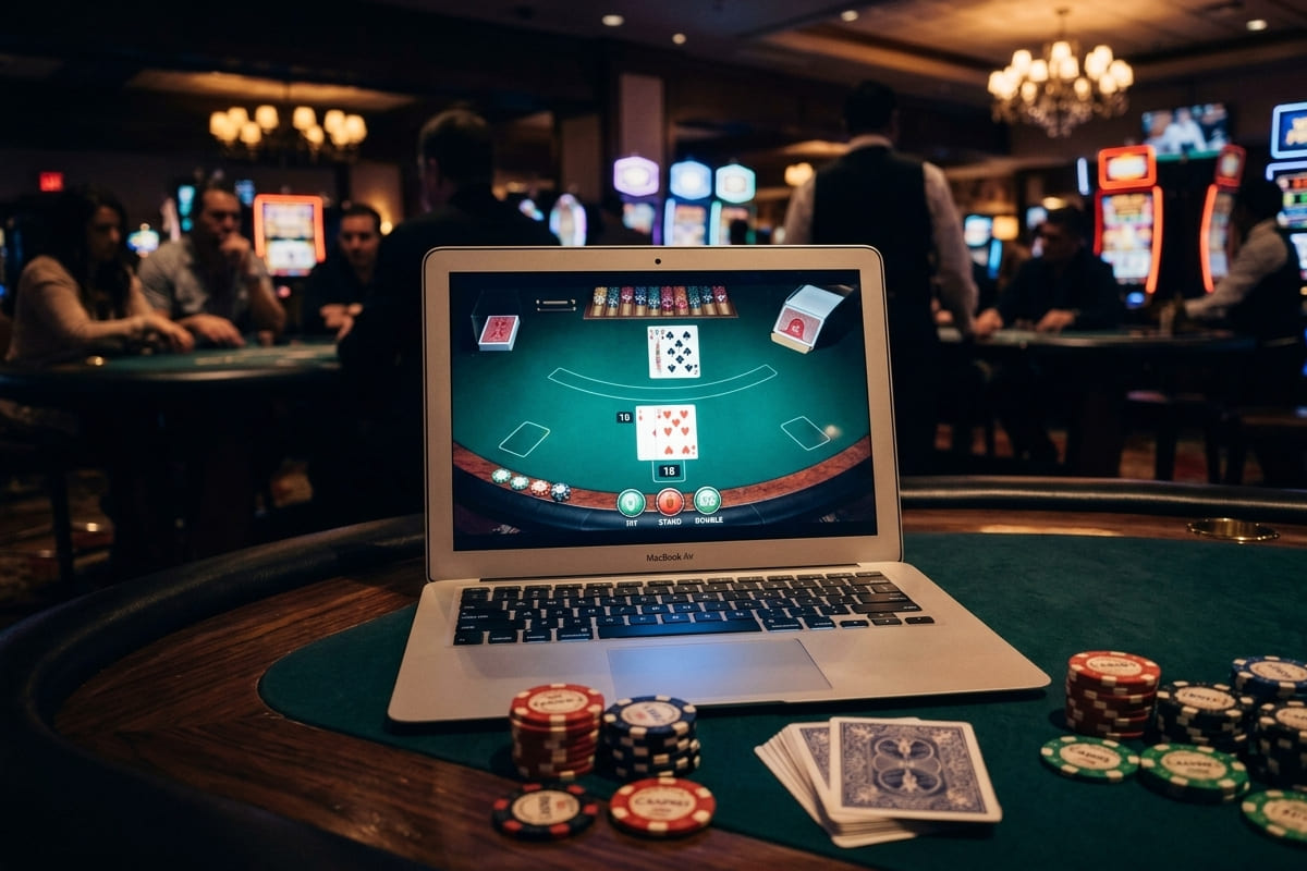 Gry karciane w kasynie online – blackjack, karty i żetony na stole